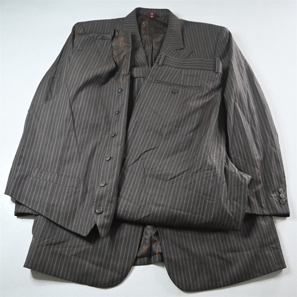 Phat Farm 44R 36x30 Brown Striped 3 Piece Vest Mens Jacket Pants Suit